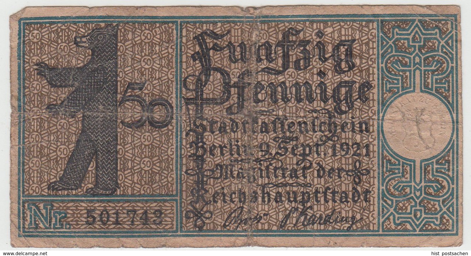 (D1194) Geldschein Berlin Spandau 50 Pfennige 1921 - Otros & Sin Clasificación