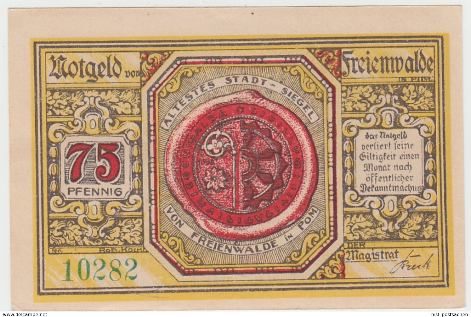 (D743) Notgeld Der Stadt Freienwalde I. P., Chociwel, 75 Pfennig 1920 - Andere & Zonder Classificatie