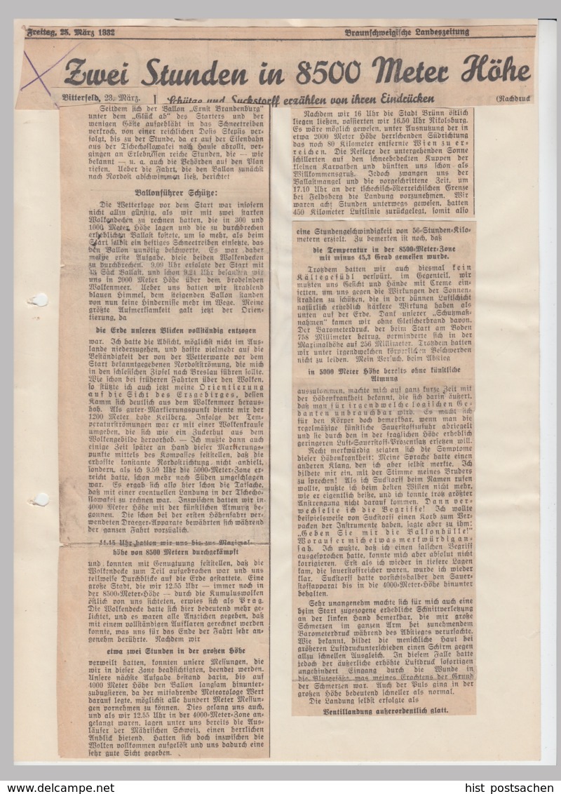 (D672) Ballonfahrt, Orig. Zeitungsbericht "Braunschweigische Landeszeitung" 1932 - Autres & Non Classés