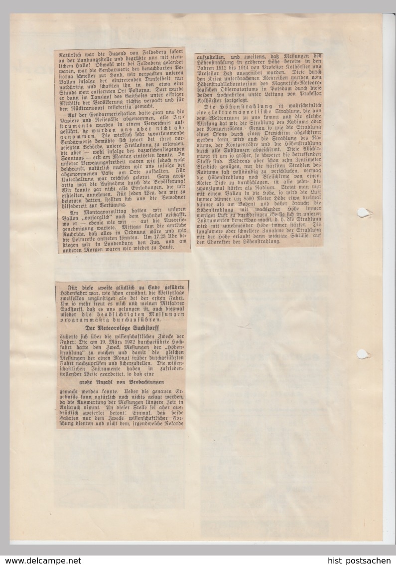 (D672) Ballonfahrt, Orig. Zeitungsbericht "Braunschweigische Landeszeitung" 1932 - Autres & Non Classés