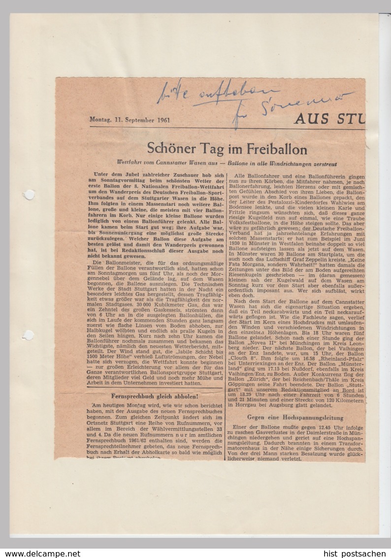 (D640) Original Zeitungsartikel Stuttgart, Fahrt Im Frei-Ballon, 1961 - Autres & Non Classés