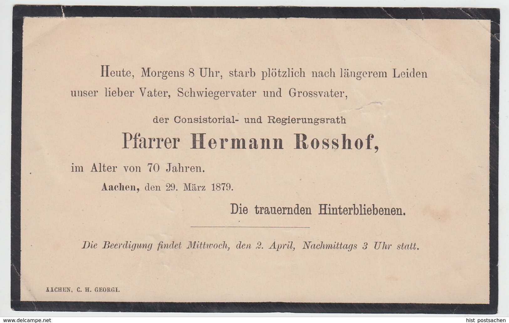 (D485) Trauerkarte Pfarrer Hermann Rosshof, Aachen 1879 - Sonstige & Ohne Zuordnung