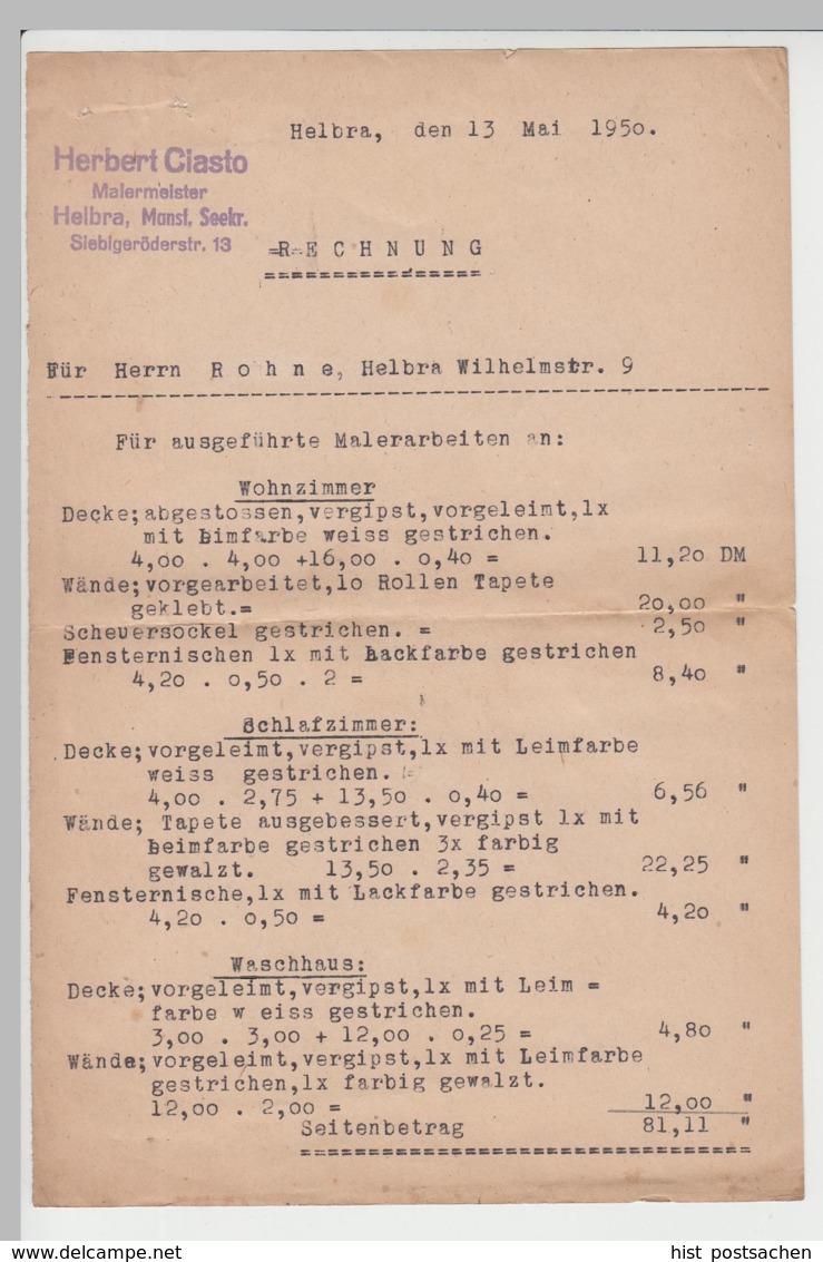 (D438) Rechnung V. Herbert Ciastro, Maler In Helbra 1950 - 1950 - ...