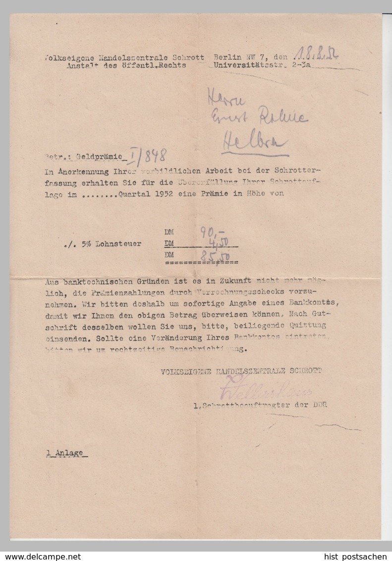 (D435) 4x Anschreiben Geldprämie VEB Schrott Berlin 1952 - Sonstige & Ohne Zuordnung