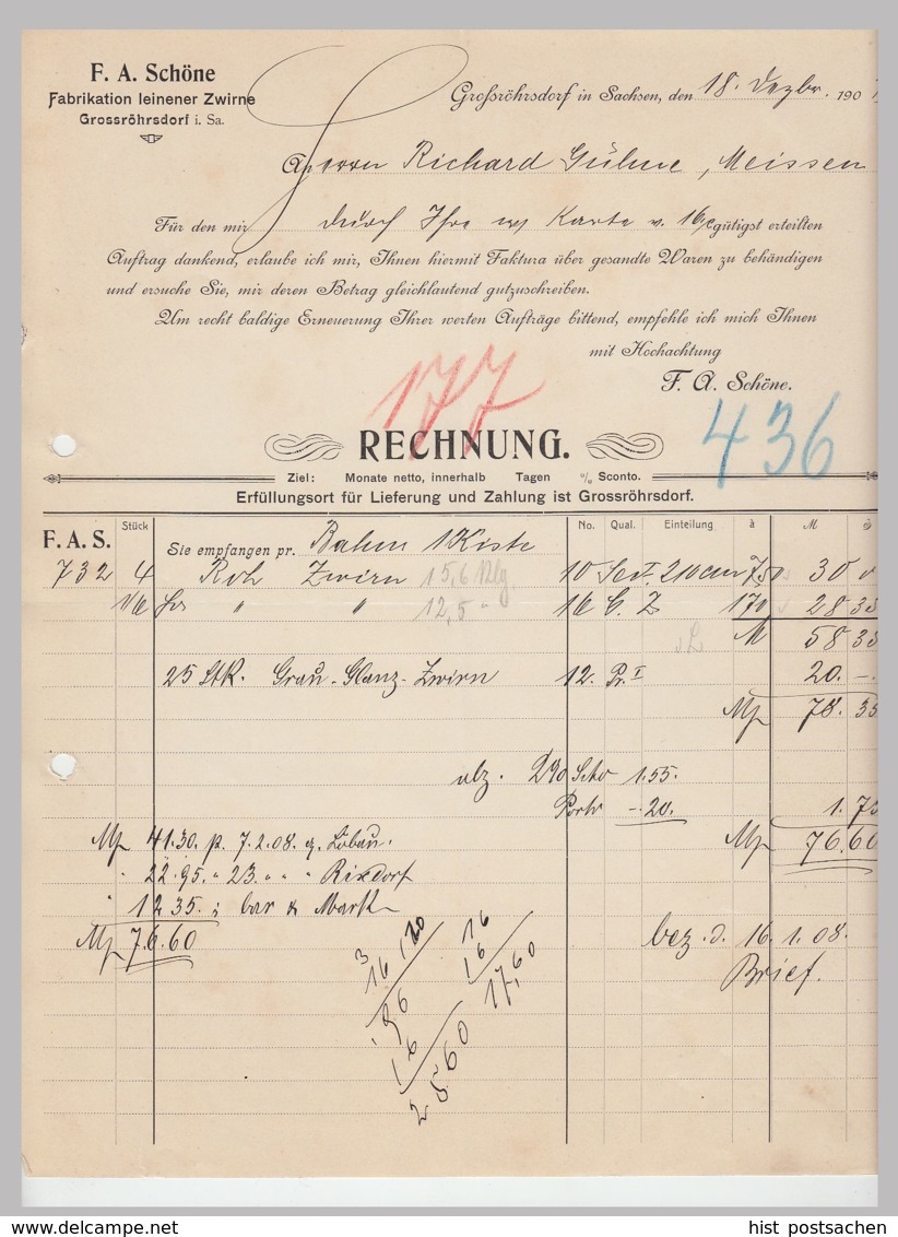 (D131) 2 Stück Rechnung Fa. F.A.Schöne, Großröhrsdorf (Sa.) 1907 - 1900 – 1949