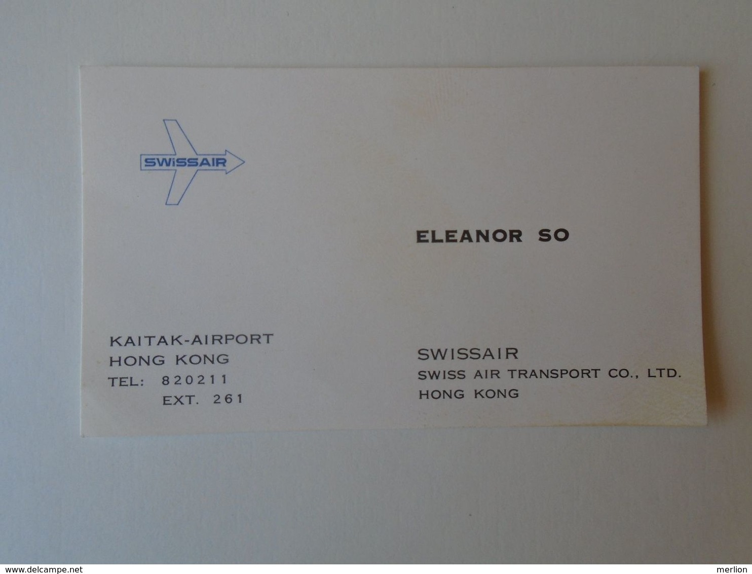 BA24.9 Visiting Card   HONG KONG CHINA - KAI TAK Airport  SWISSAIR  Eleanor So  1960's - Visiting Cards