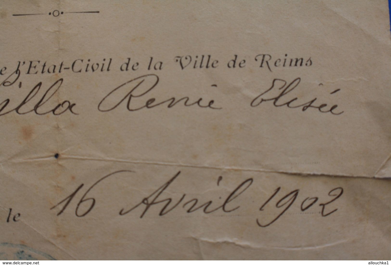 16 AVRIL 1902 MAIRIE DE REIMS REGISTRE DE LA VILLE ACTE DE NAISSANCE EST NEE VILLA RENÉE ELYSÉE  FAIRE PART MANUSCRIT - Naissance & Baptême