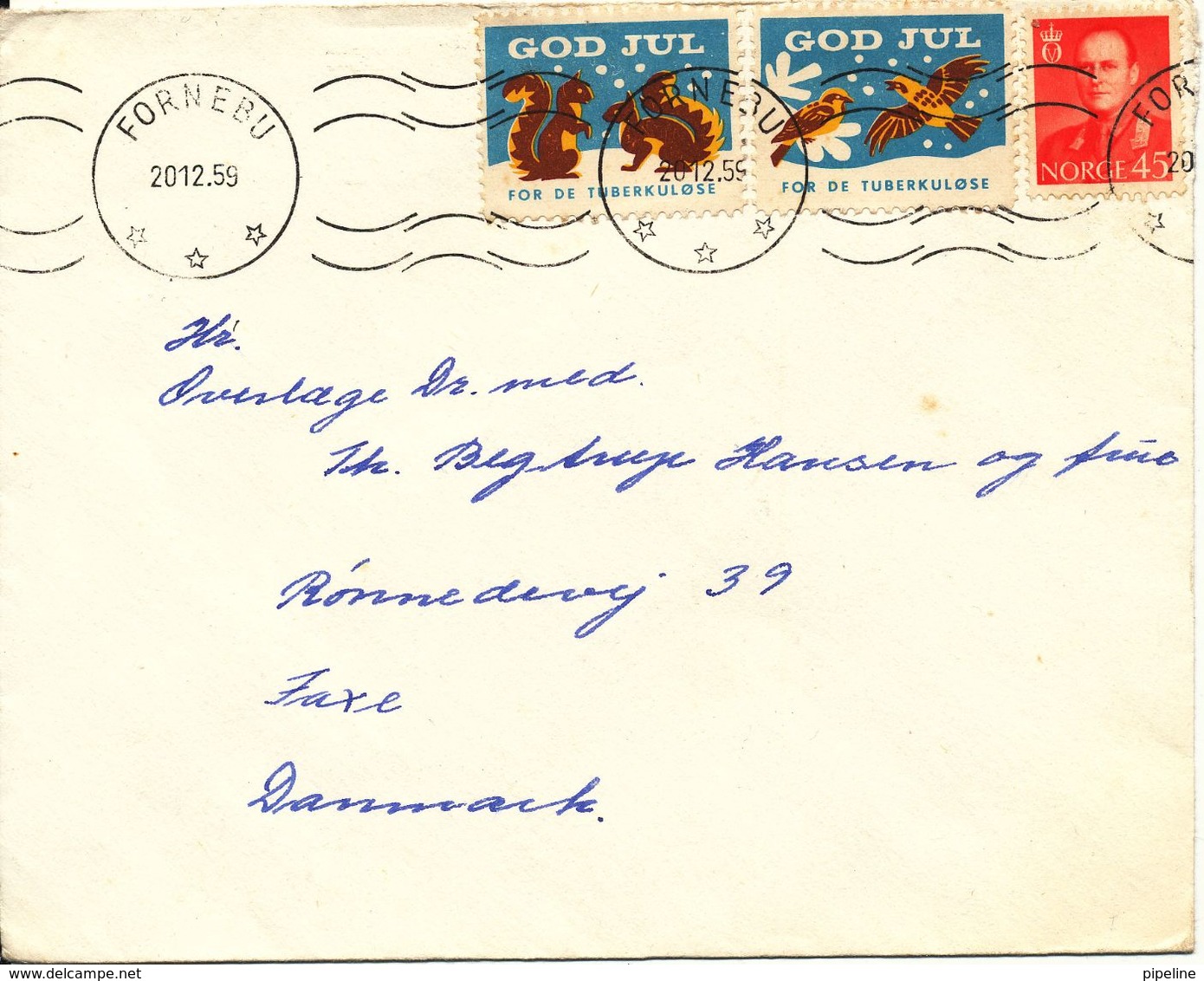 Norway Cover Sent To Denmark 20-12-1959 Single Franked And With 2 Christmas Seals - Briefe U. Dokumente
