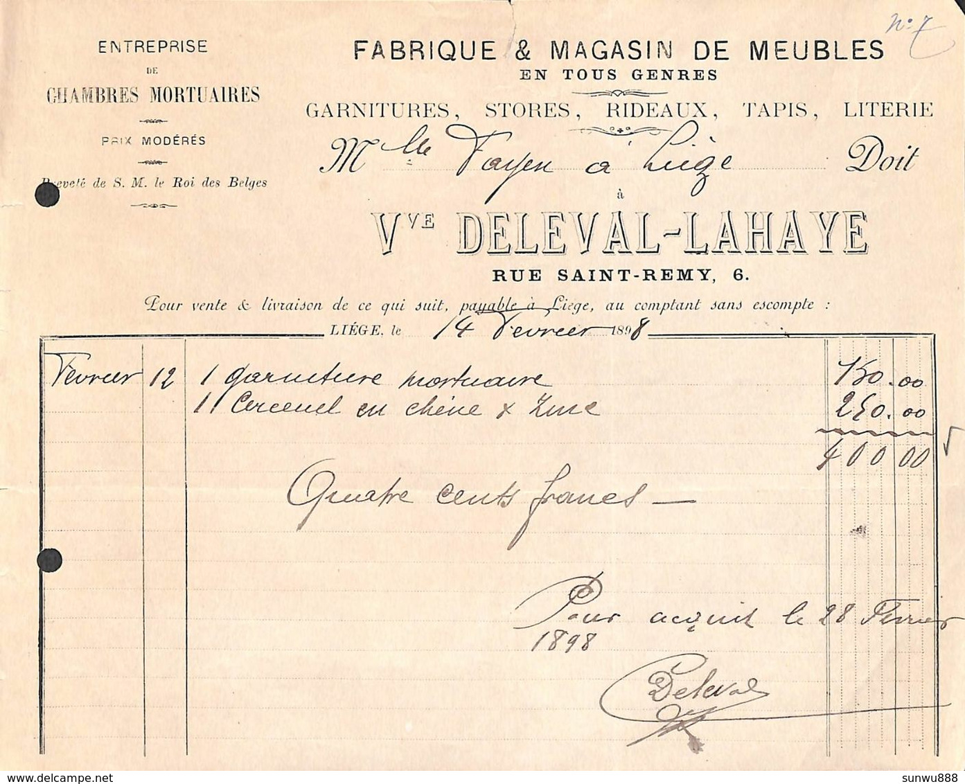 Liège - Fabrique De Meubles En Tous Genres, Ici Cerceuil En Chêne Vve Deleval-Lahaye 1898 - 1800 – 1899