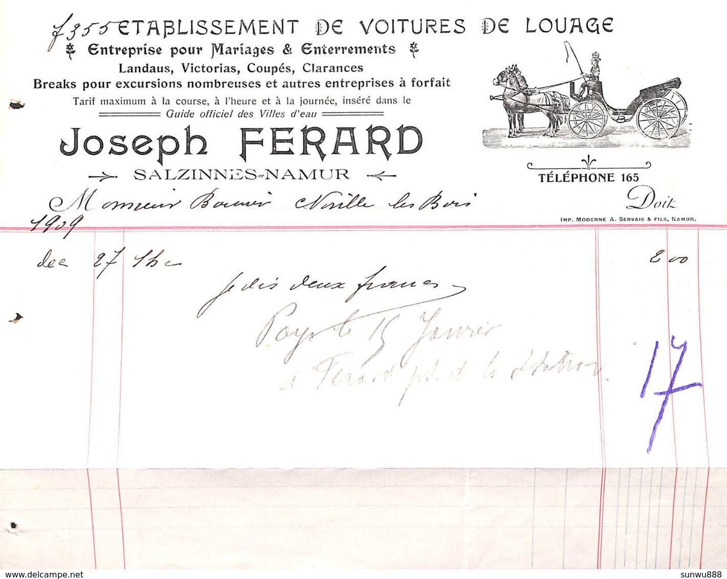 Salzinnes Namur Voitures De Louage Joseph Ferard 1909  (illustrée) - 1900 – 1949
