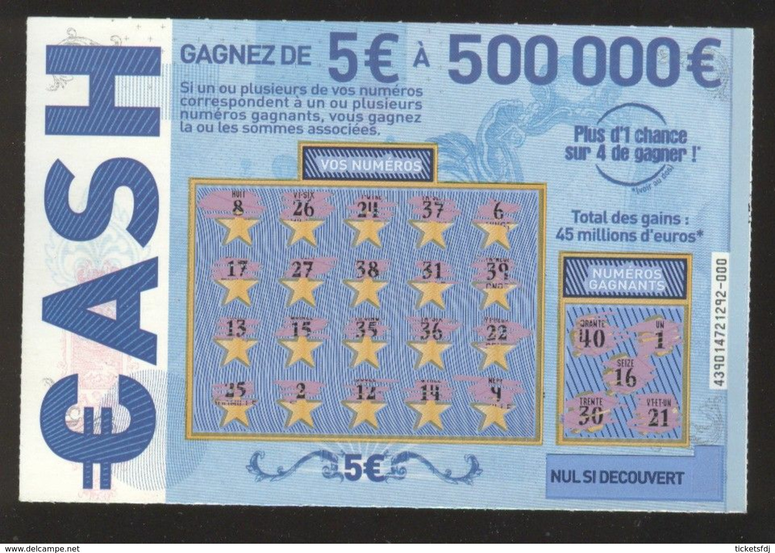 Grattage FDJ - FRANCAISE DES JEUX - CASH 43901 - Repère De Fabrication - Lottery Tickets