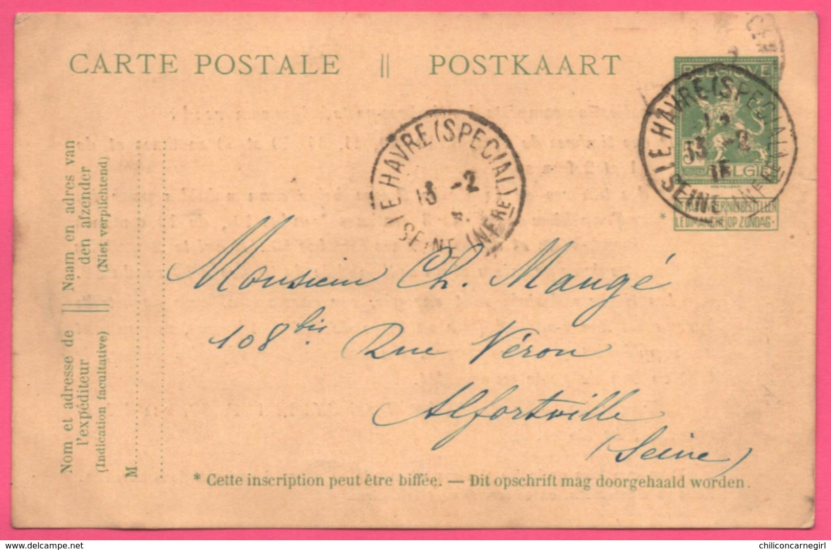 Entier Postal Belge - LE HAVRE SPECIAL - Vers Alfortville - Pour Collection De Timbres Poste Belge - Imp. MICAUX - 1913 - Other & Unclassified