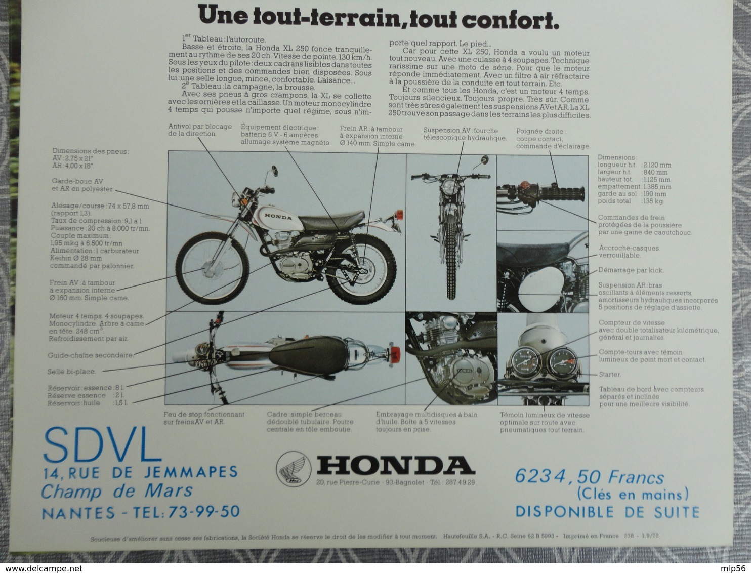 PUBLICITE PROSPECTUS  MOTO HONDA XL 250 SDVL  NANTES 29.7 X 21 CM - Reclame