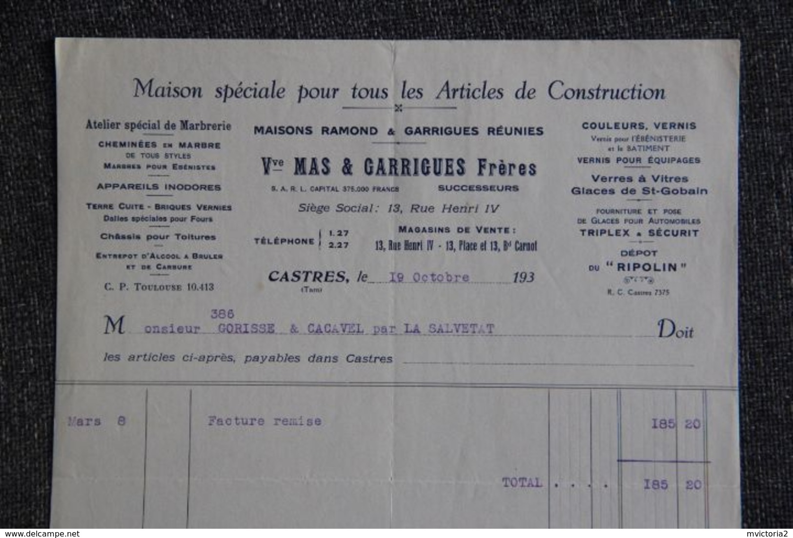 Facture Ancienne - CASTRES, Vve MAS Et GARRIGUES, Atelier Spécial De Marbrerie. - 1900 – 1949