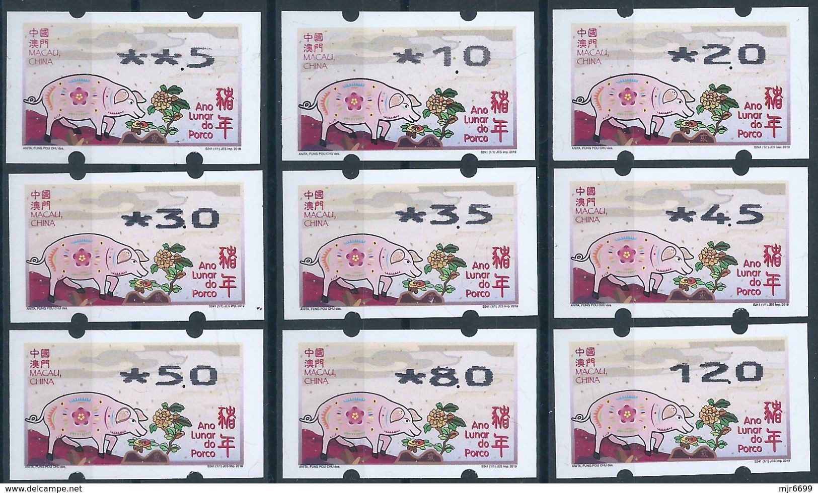 MACAU 2019 ZODIAC YEAR OF THE PIG ATM LABELS NAGLER SET OF 9 VALUES - Automatenmarken