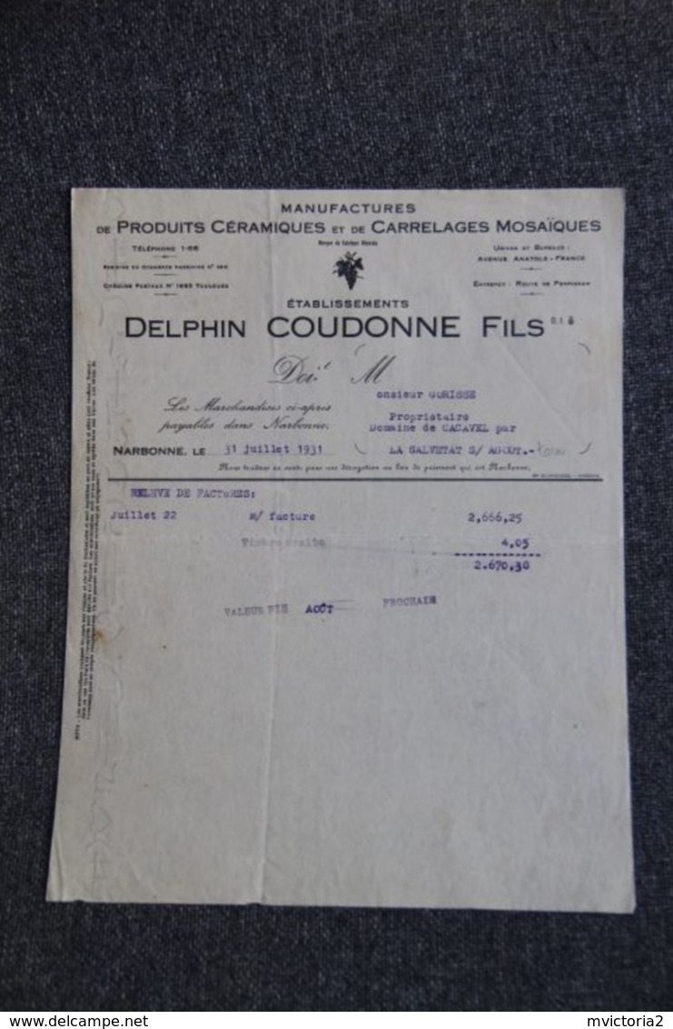 Facture Ancienne - NARBONNE, Delphin COUDONNE,Manufacture De Produits Céramiques Et Mosaïques - 1900 – 1949