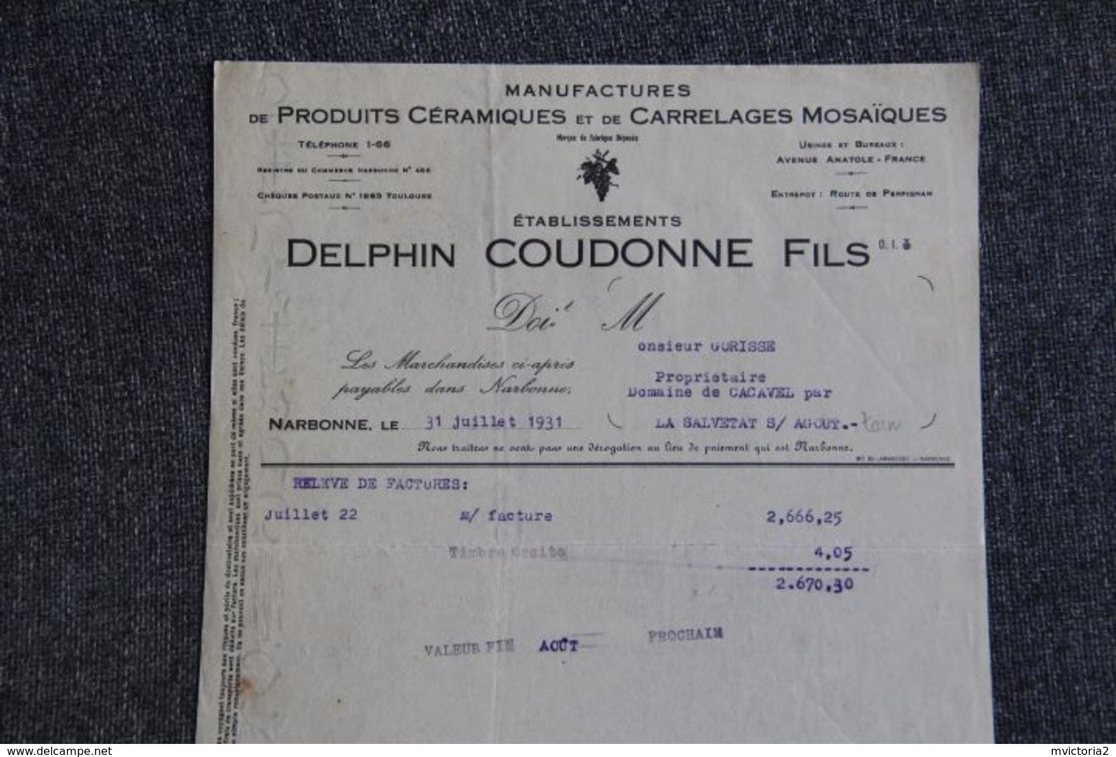 Facture Ancienne - NARBONNE, Delphin COUDONNE,Manufacture De Produits Céramiques Et Mosaïques - 1900 – 1949