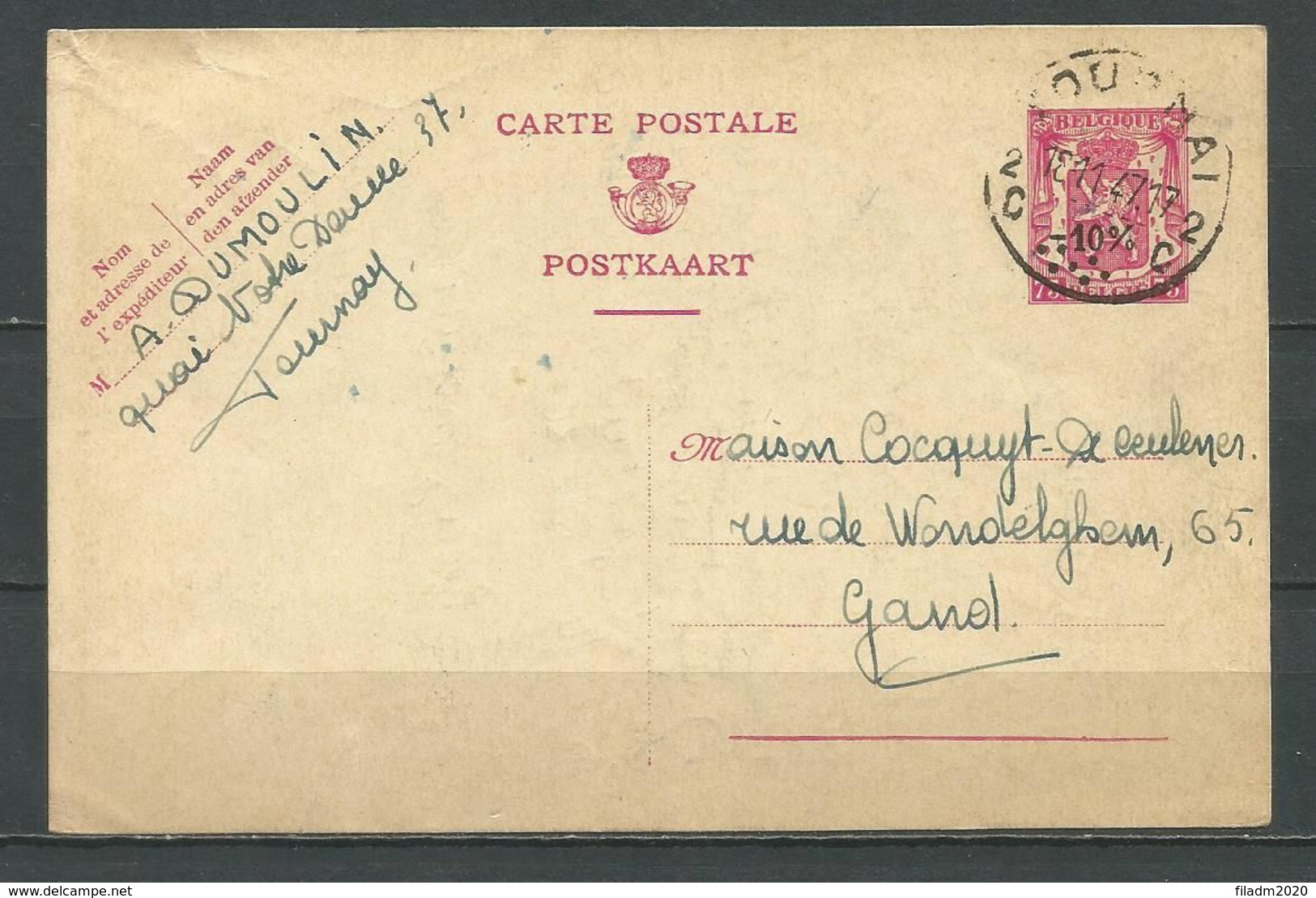 713 Op Postkaart Gestempeld TOURNAI 2 C - 1946 -10%