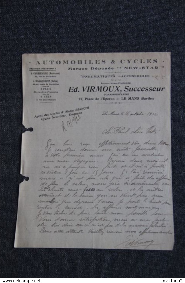 Facture Ancienne - LE MANS, VIRMOUX, Automobiles Et Cycles, Marque Déposée " NEW STAR". - 1900 – 1949