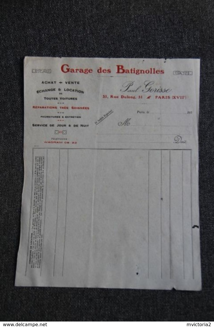 Facture Ancienne - PARIS, Garage Des Batignolles, Paul GORISSE. - 1900 – 1949