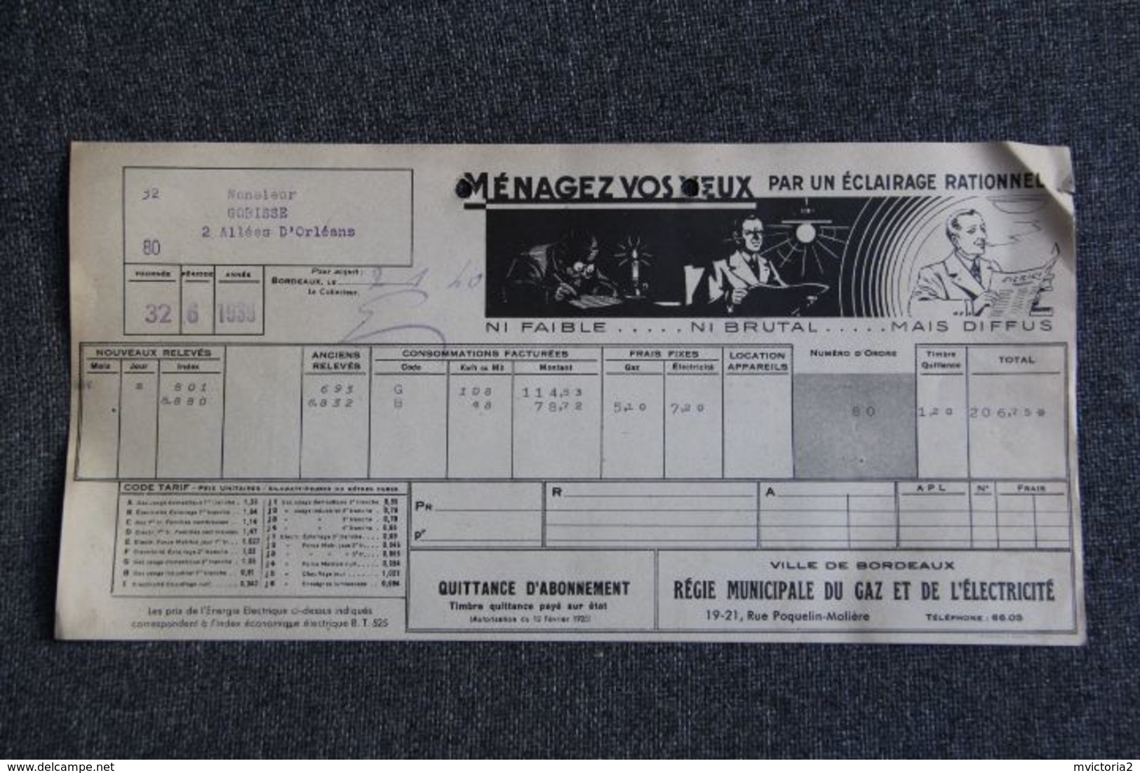 Facture Ancienne - BORDEAUX, Régie Municipale GAZ ELECTRICITE : " Ménagez Vos Yeux ". - 1900 – 1949