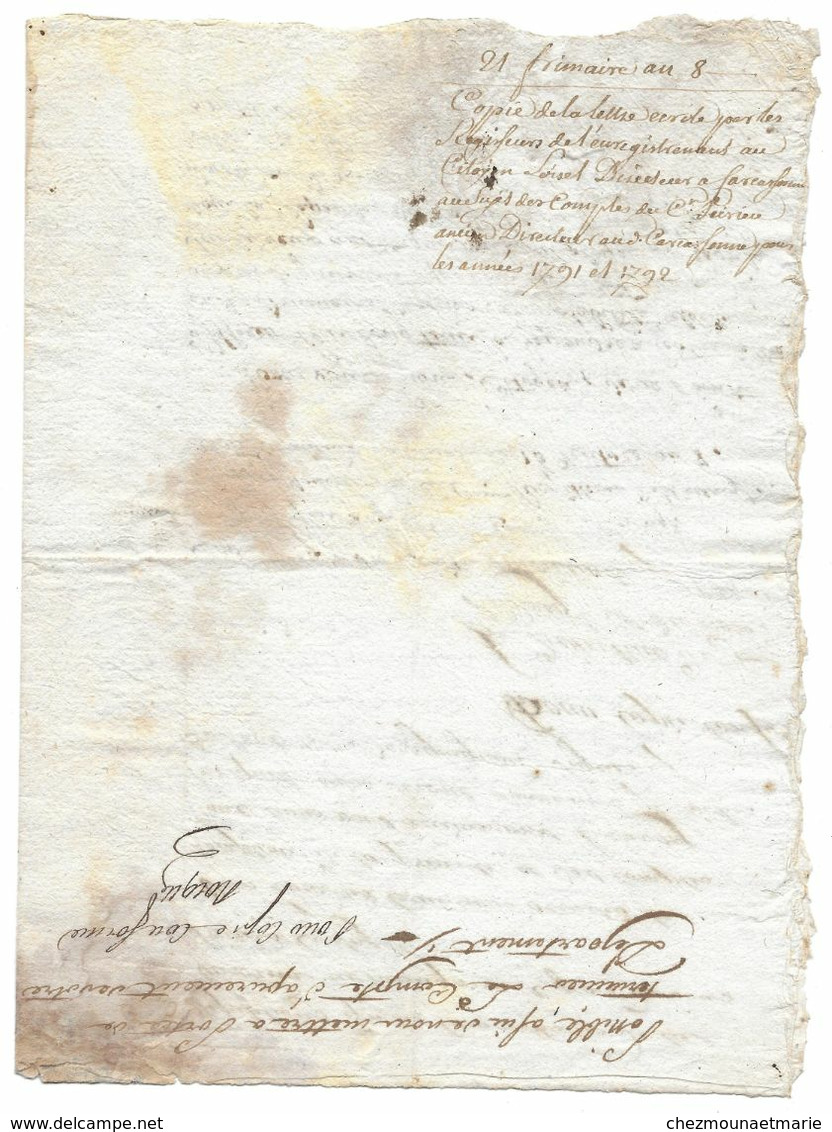 1799 COPIE LETTRE POUR SEIGNEURS ENREGISTREMENT A LOISEL DIRECTEUR CARCASSONNE SUR COMPTES CITOYEN VERRIEU - Documents Historiques