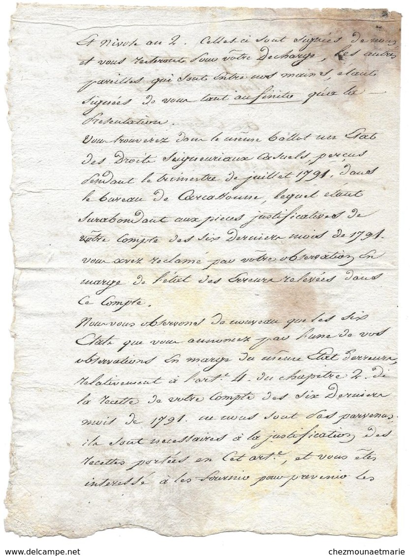 1799 COPIE LETTRE POUR SEIGNEURS ENREGISTREMENT A LOISEL DIRECTEUR CARCASSONNE SUR COMPTES CITOYEN VERRIEU - Documents Historiques