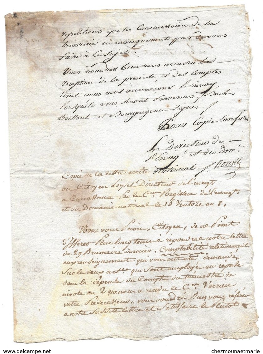 1799 COPIE LETTRE POUR SEIGNEURS ENREGISTREMENT A LOISEL DIRECTEUR CARCASSONNE SUR COMPTES CITOYEN VERRIEU - Documents Historiques