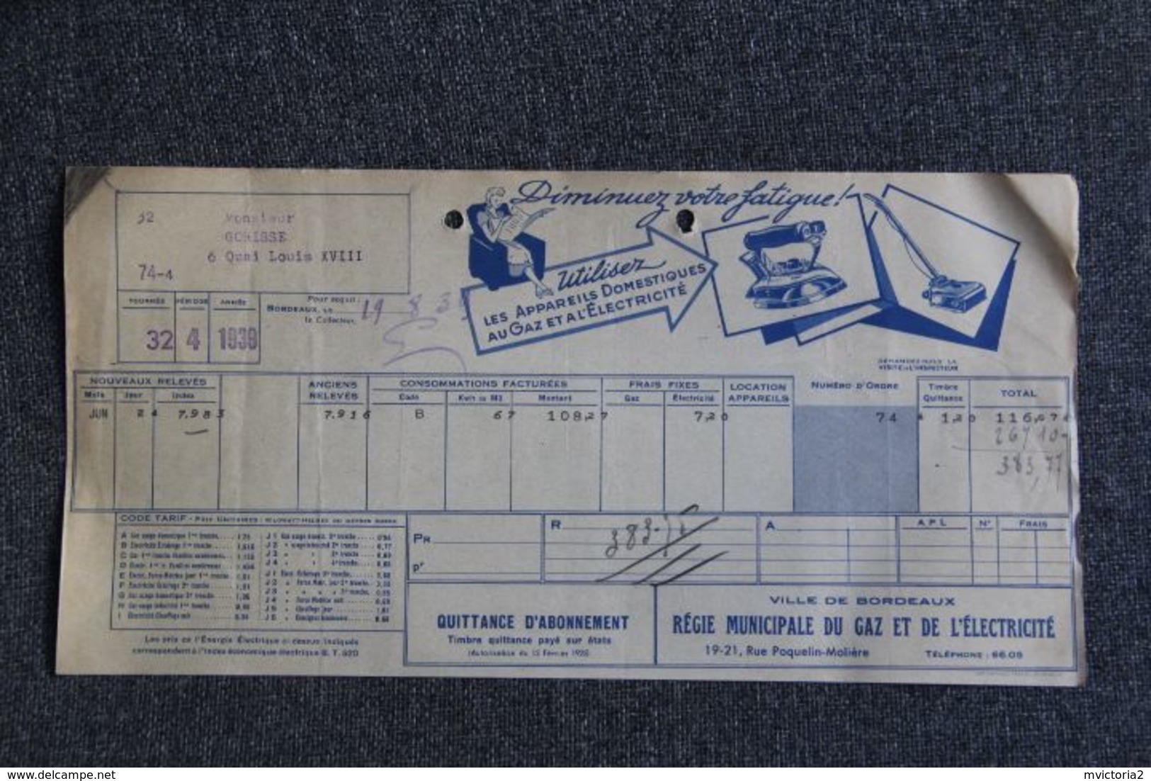 Facture Ancienne - BORDEAUX, Régie Municipale GAZ ELECTRICITE : " Diminuez Votre Fatigue... ". - 1900 – 1949