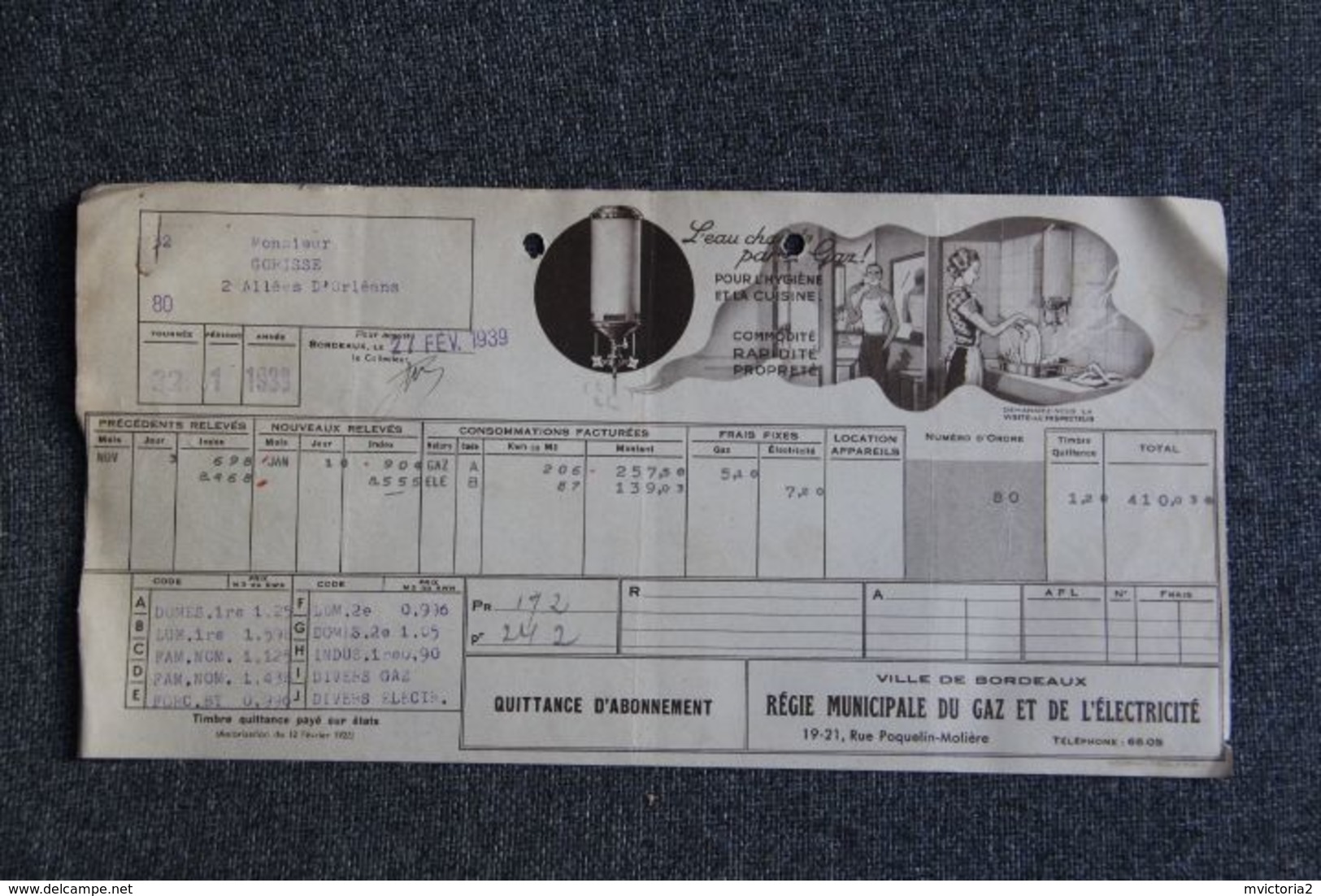 Facture Ancienne - BORDEAUX, Régie Municipale GAZ ELECTRICITE :  " L'eau Chaude Par Le Gaz... ". - 1900 – 1949