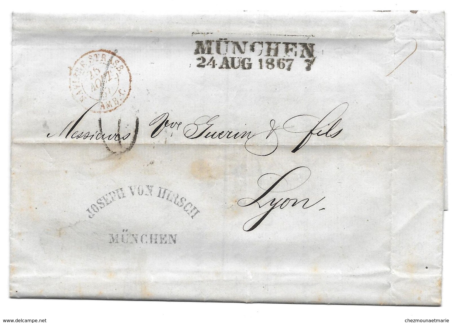 MUNCHEN 1867 JOSEPH VON HIRSCH POUR LYON GUERIN - LETTRE MARQUE POSTALE - Briefe U. Dokumente