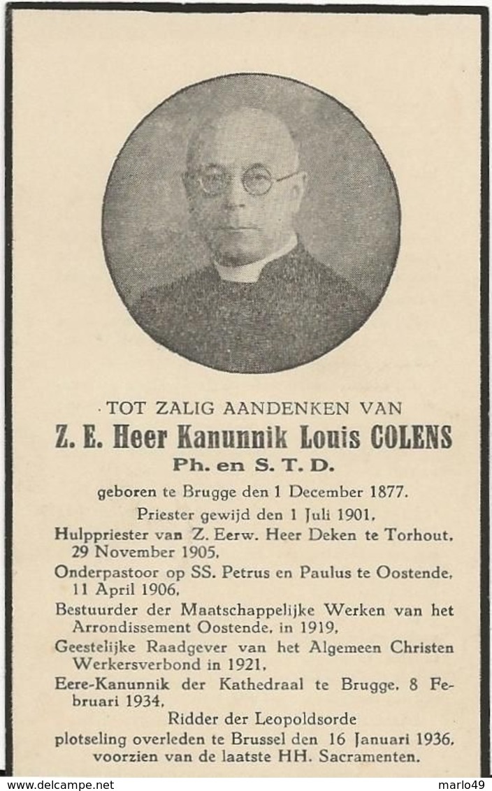 DP. Z.E. KANUNNIK LOUIS COLENS ° BRUGGE 1877 - + BRUSSEL 1936 - Religion & Esotérisme