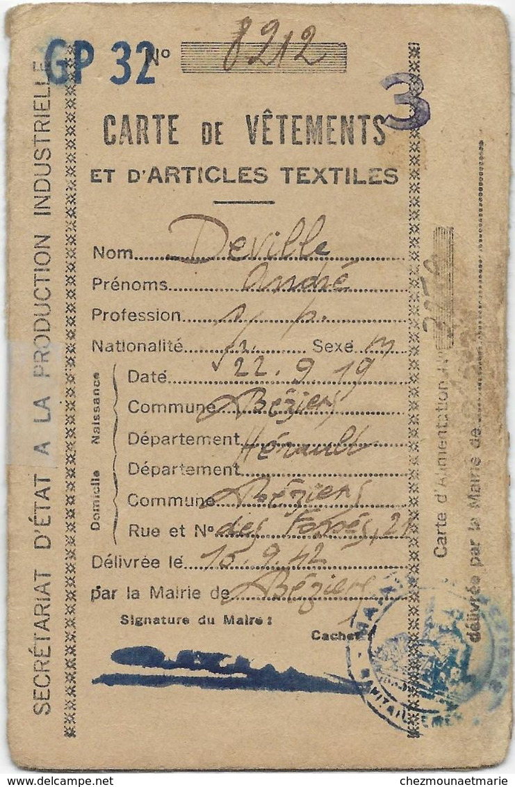 DEVILLE ANDRE NE 1919 BEZIERS HABITANT RUE DES FOSSES CARTE RATIONNEMENT 1942 VETEMENTS CHAUSSURES - Documents Historiques