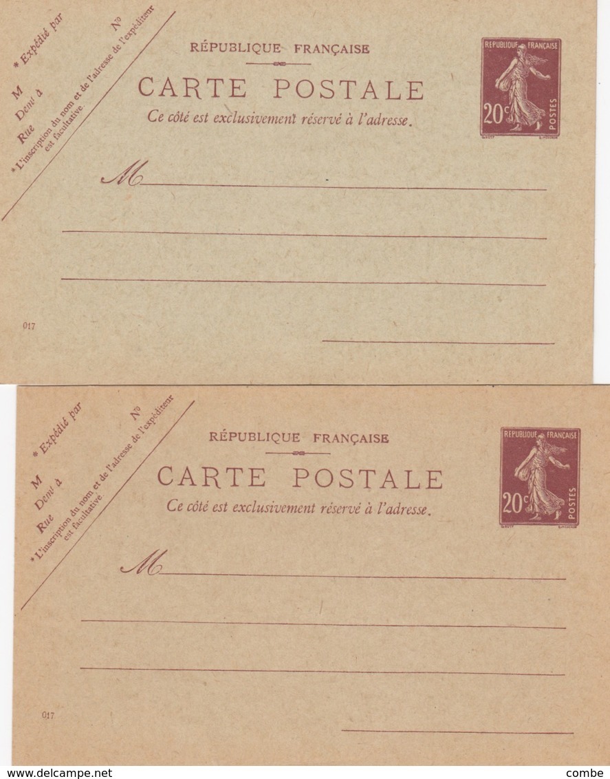France Entiers Postaux - 20 C Brun Semeuse Camée - Carte Postale - Neuf - TB. 017   X 2         1 5 19 - Standard Postcards & Stamped On Demand (before 1995)