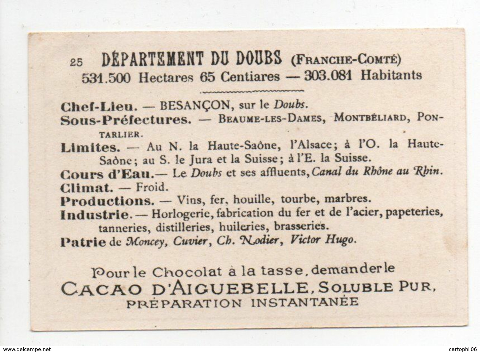 - CHROMO CACAO D'AIGUEBELLE - DÉPARTEMENT DU DOUBS - - Aiguebelle