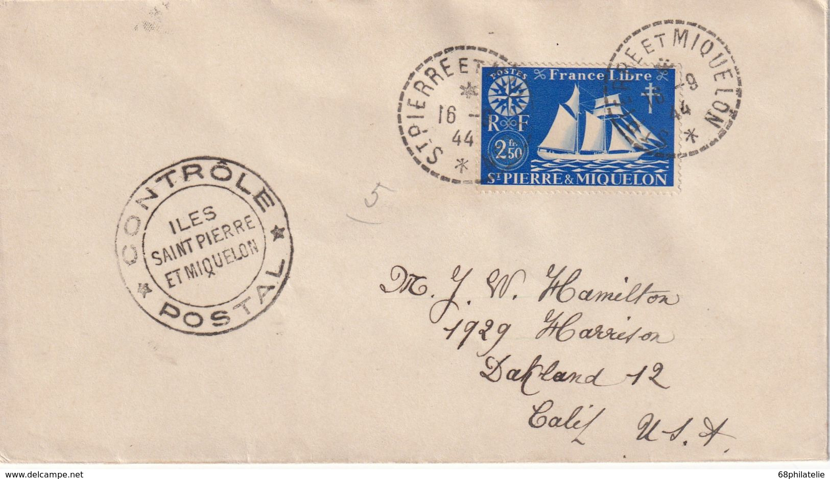 ST-PIERRE ET MIQUELON 1944  LETTRE CENSUREE POUR OACKLAND - Lettres & Documents