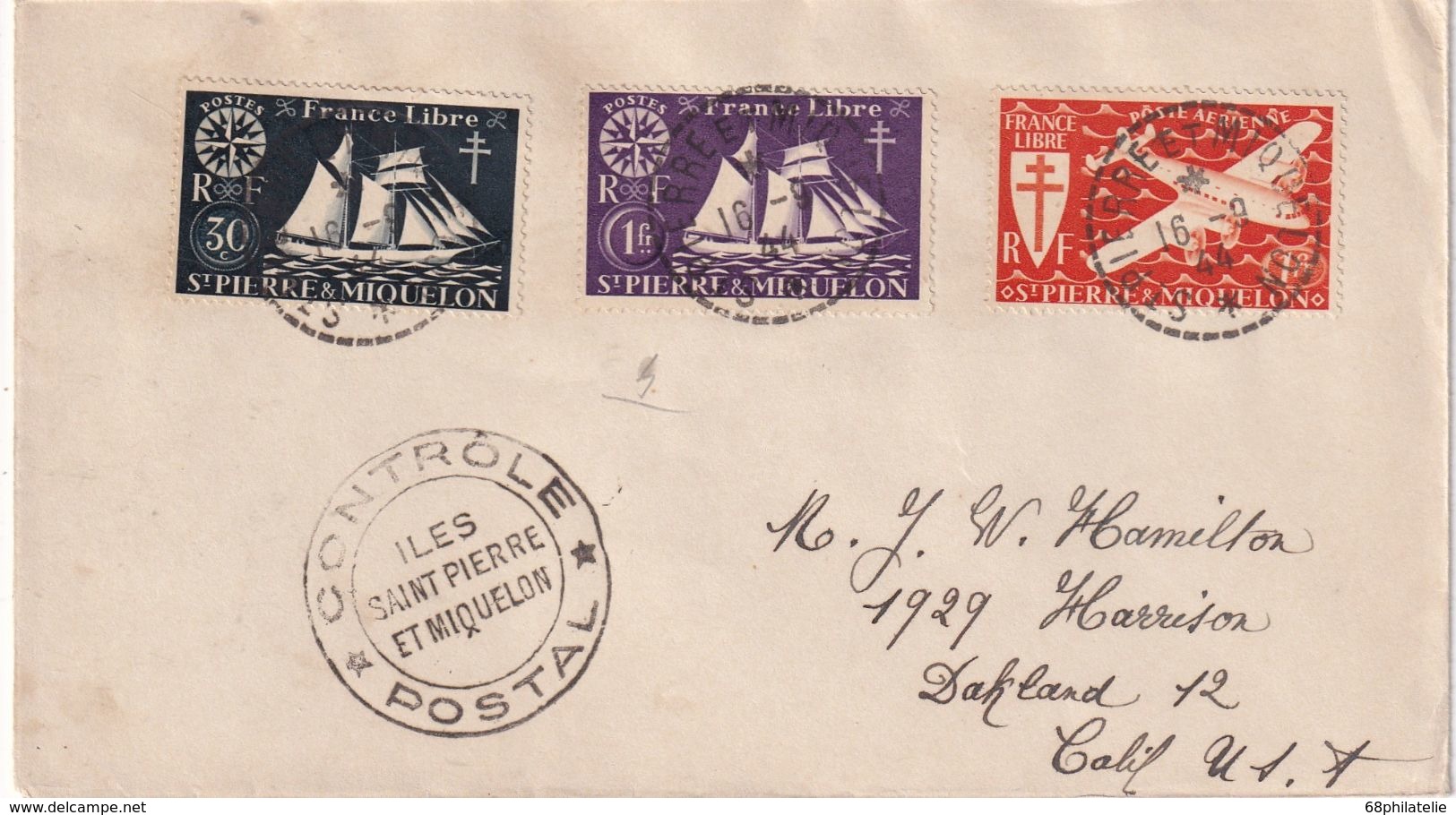 ST-PIERRE ET MIQUELON 1944  LETTRE CENSUREE POUR OACKLAND - Brieven En Documenten