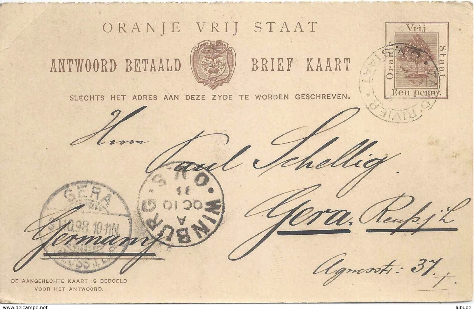 Brief Kaart Antwoord Betaald  Zand Rivier - Winburg - Gera             1898 - Orange Free State (1868-1909)