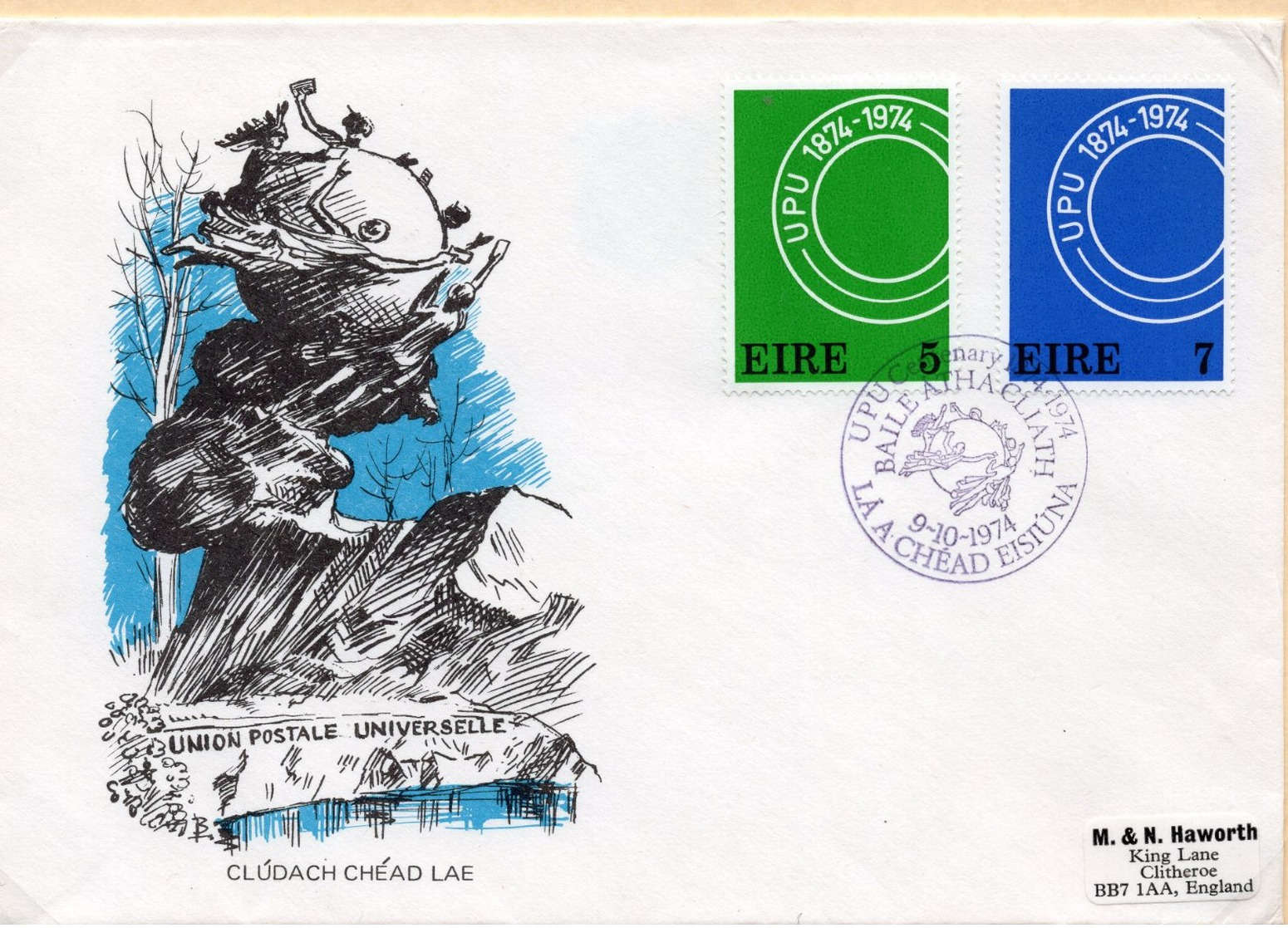 SOBRE 1r.DIA CENTENARIO UPU, 1974,  IRLANDA. MICHEL 309-310 - Cartas & Documentos