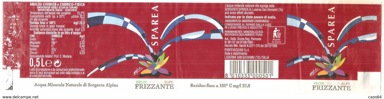 SPAREA 0,5 L. ACQUA FRIZZANTE ETICHETTA PLASTICA  ITALY - Otros & Sin Clasificación