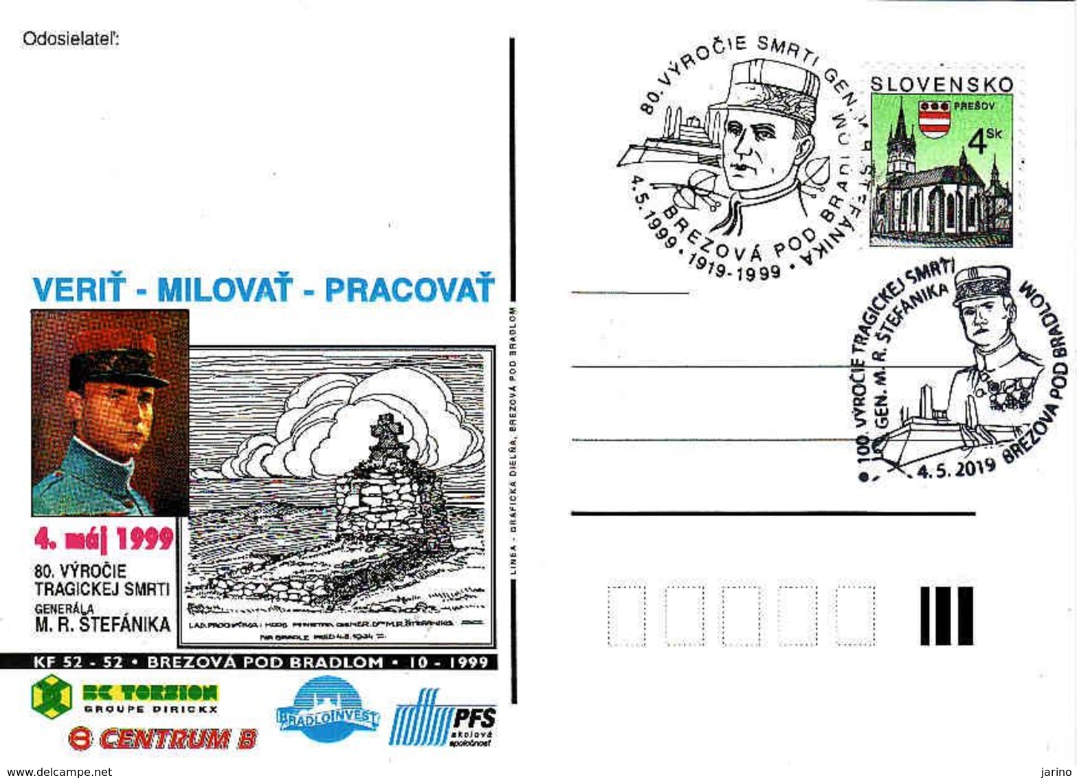 Slovakia, Occasional Correspondence Card 80th 100th Anniversary Of The Death Of Štefánik 4.5.1999,tirage 200 Pieces - Postkaarten