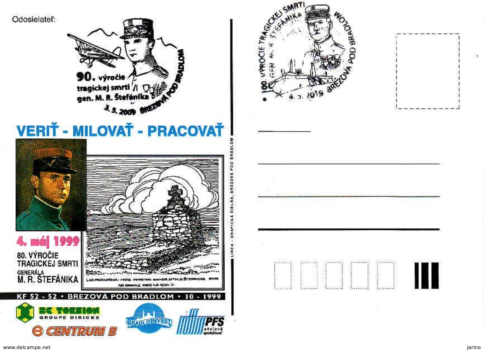 Slovakia, Occasional Correspondence Card 80th 90th 100th Anniversary Of The Death Of Štefánik 4.5.1999,tirage 200 Pieces - Postales