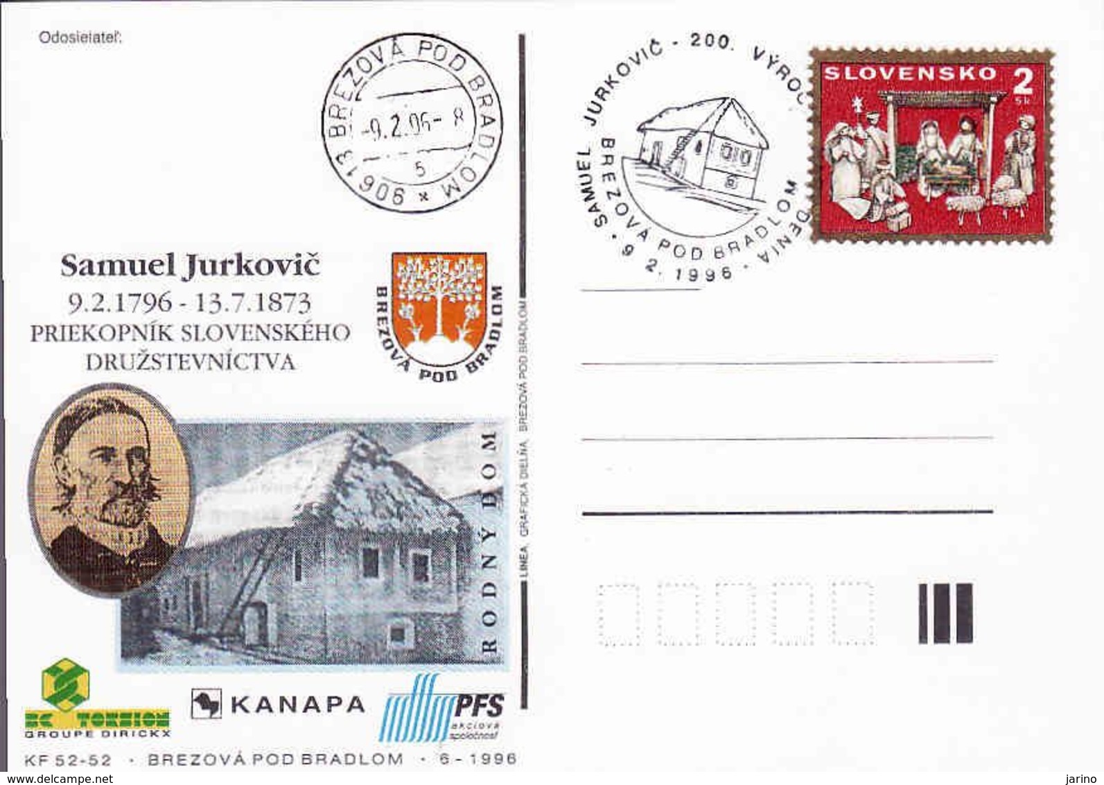 Slovakia, Occasional Correspondence Card Samuel Jurkovič's 200th Birthday, Pioneer Of Cooperatives, Tirage 200 Pieces - Postales