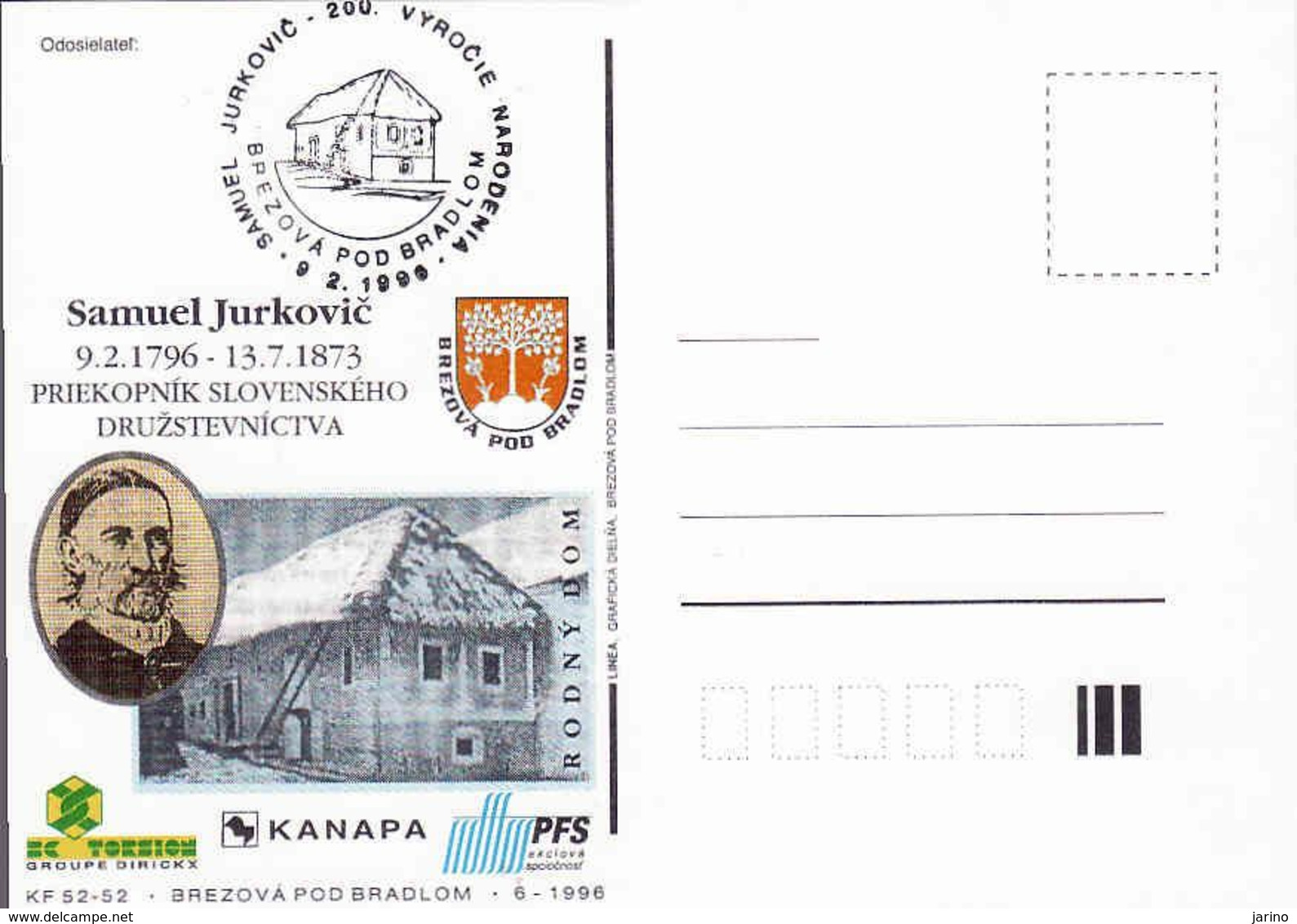 Slovakia, Occasional Correspondence Card Samuel Jurkovič's 200th Birthday, Pioneer Of Cooperatives, Tirage 200 Pieces - Postkaarten