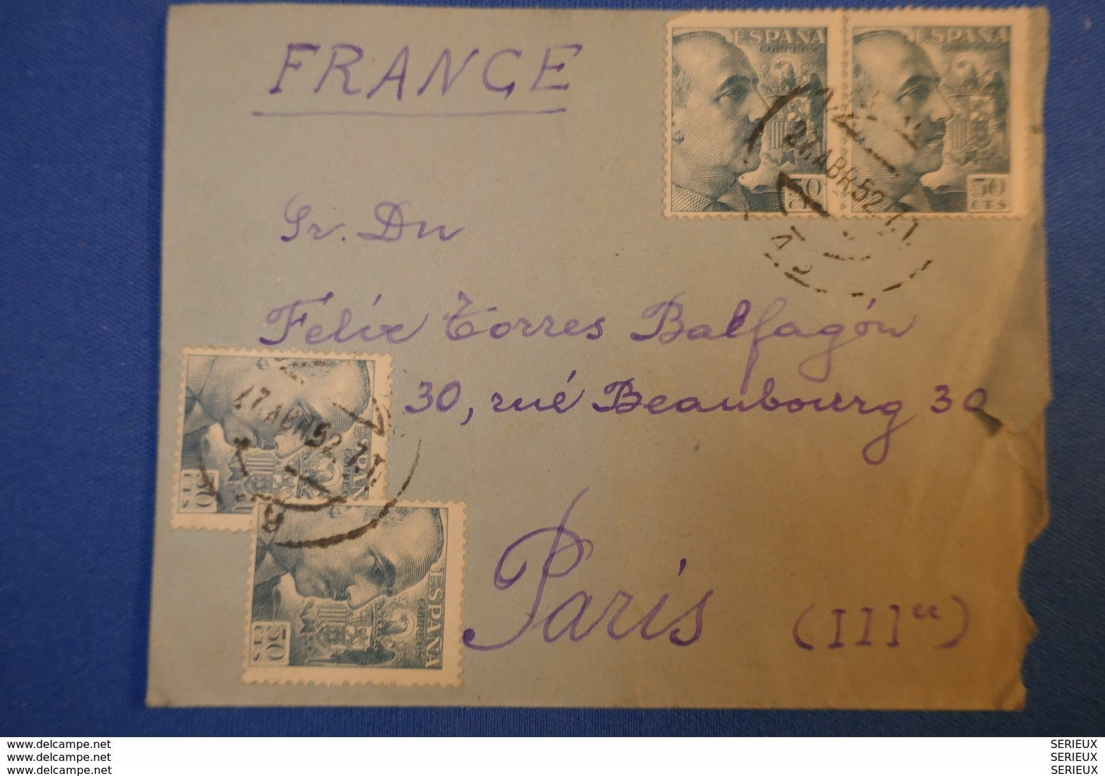 232 ESPAGNE LETTRE 1952 POUR PARIS III RUE BEAUBOURG MARAIS + AFFRANC. INTERESSANT - Covers & Documents