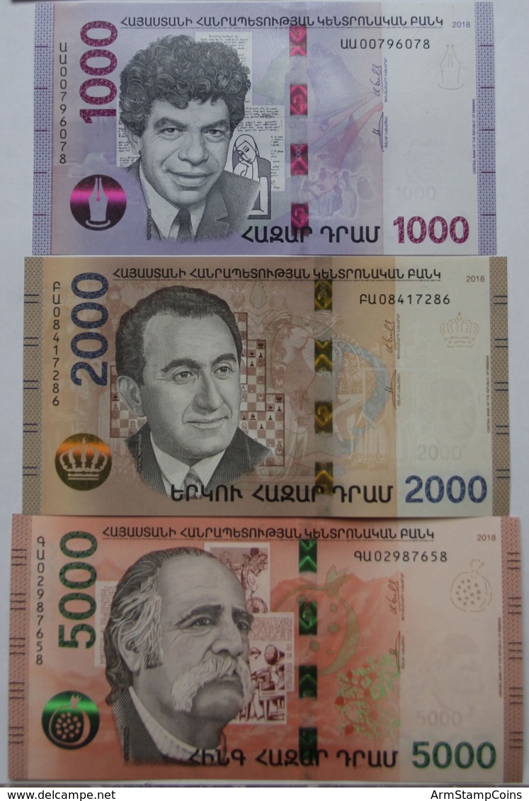 Armenia 2018 NEW Banknote - 1000 2000 5000 Dram UNC Hybrid Writers Saroyan Sevak Chess Champion Tigran Petrossian - Arménie