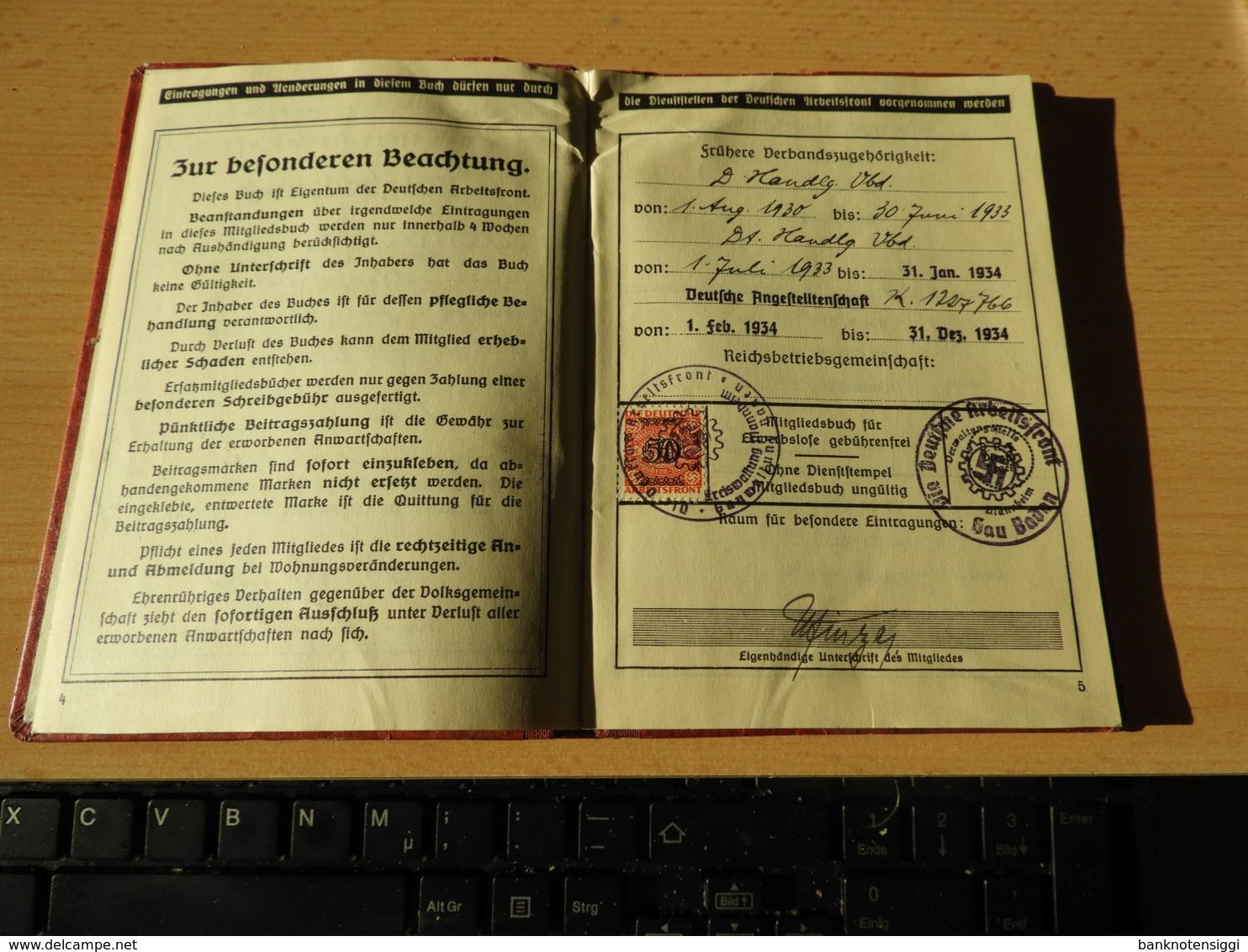 Mitgliedsbuch "Deutsche Arbeitsfront" 1935 Ludwigshafen - Documentos