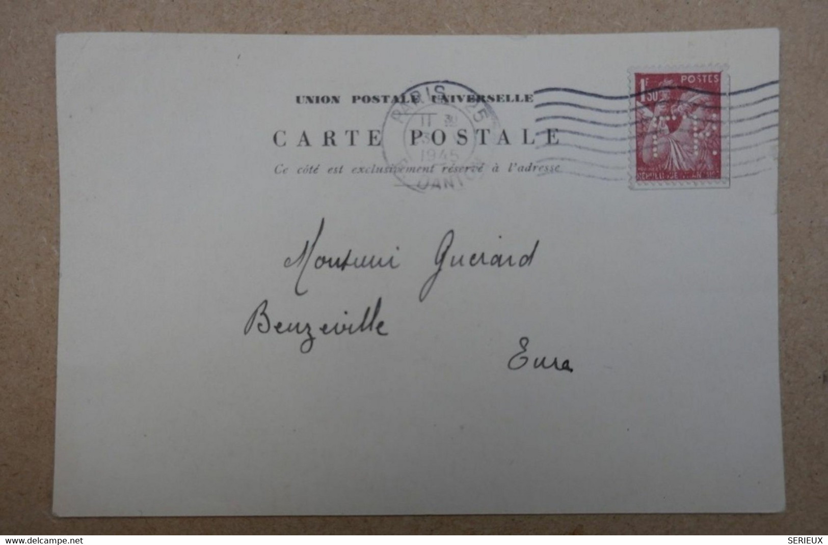 FRANCE CARTE Lettre De Paris RUE DANTON A Beuzeville Eure 1945 + PERFORATION F K - Brieven En Documenten