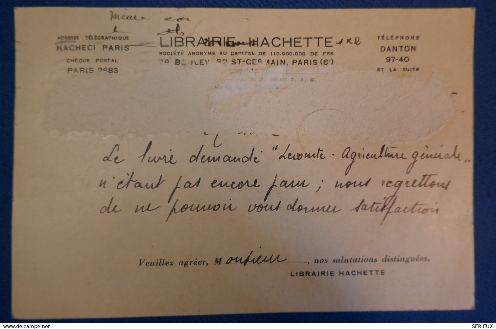 FRANCE CARTE Lettre De Paris RUE DANTON A Beuzeville Eure 1945 + PERFORATION F K - Briefe U. Dokumente