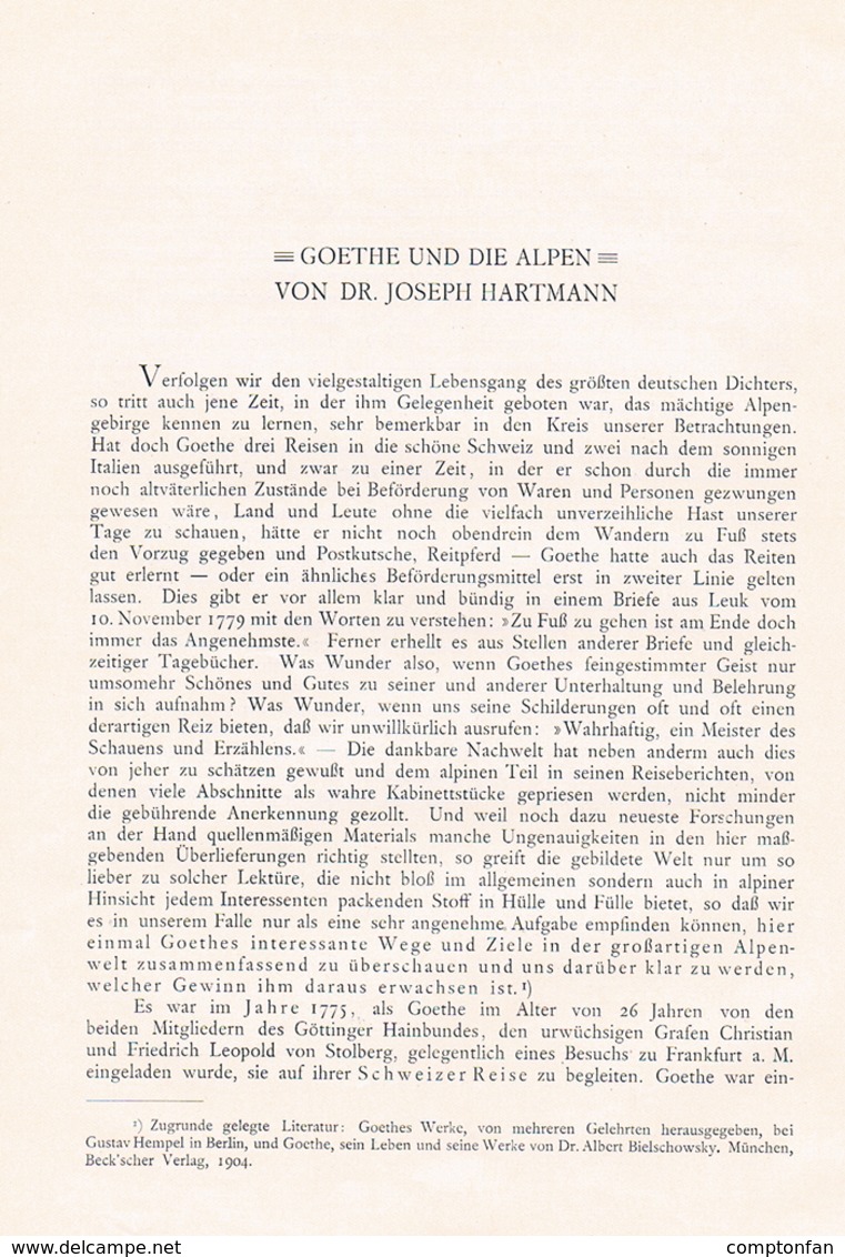 A102 705 Joseph Hartmann Goethe Und Die Alpen Schweiz Artikel Von1908 !! - Sonstige & Ohne Zuordnung